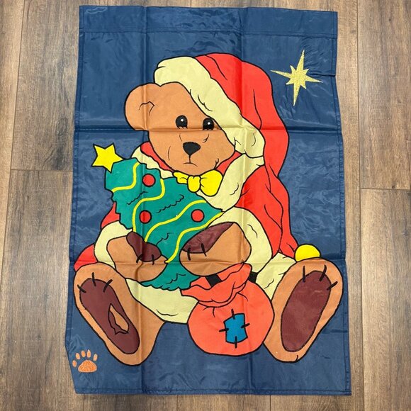 Vintage Christmas Santa Teddy Bear Wall Hanging Flag Garden Tapestry 38” x 27” - Picture 2 of 5